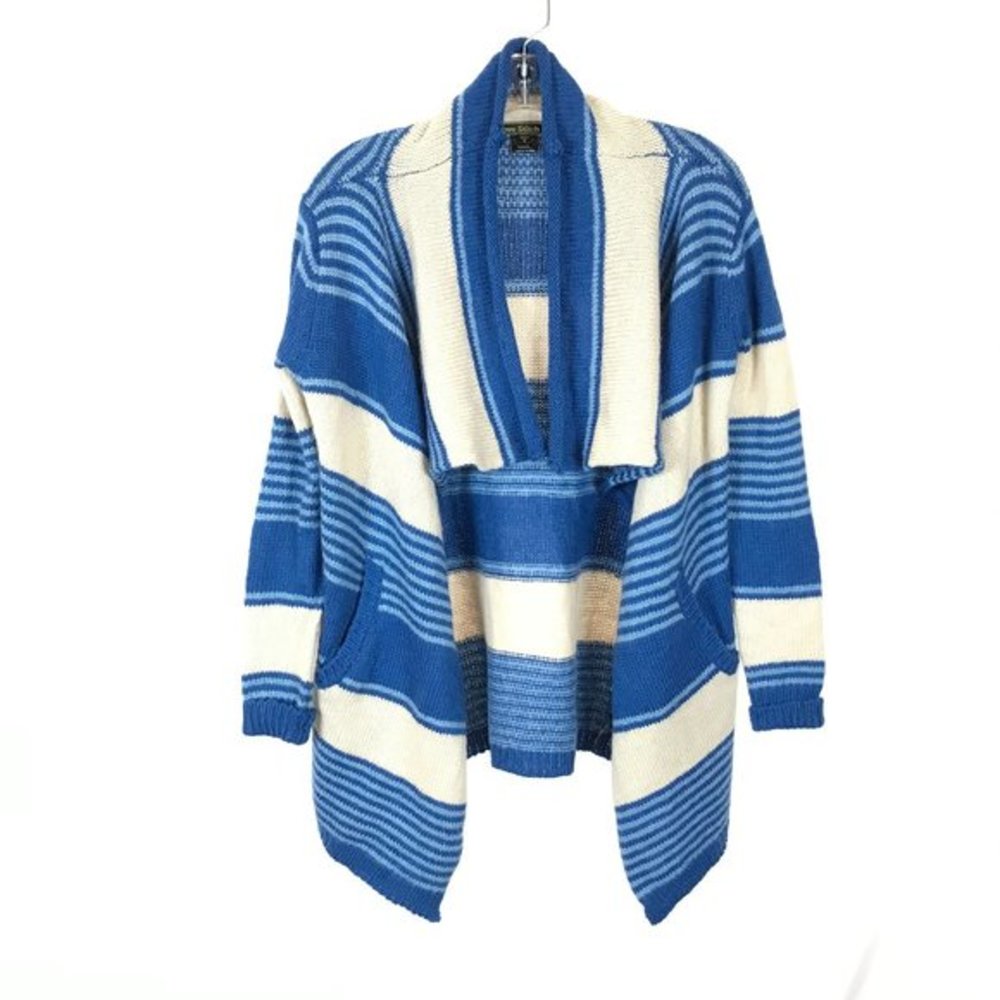 Womens Size Small Love Stitch Blue Striped Pattern Open Knit Cardigan Sweater